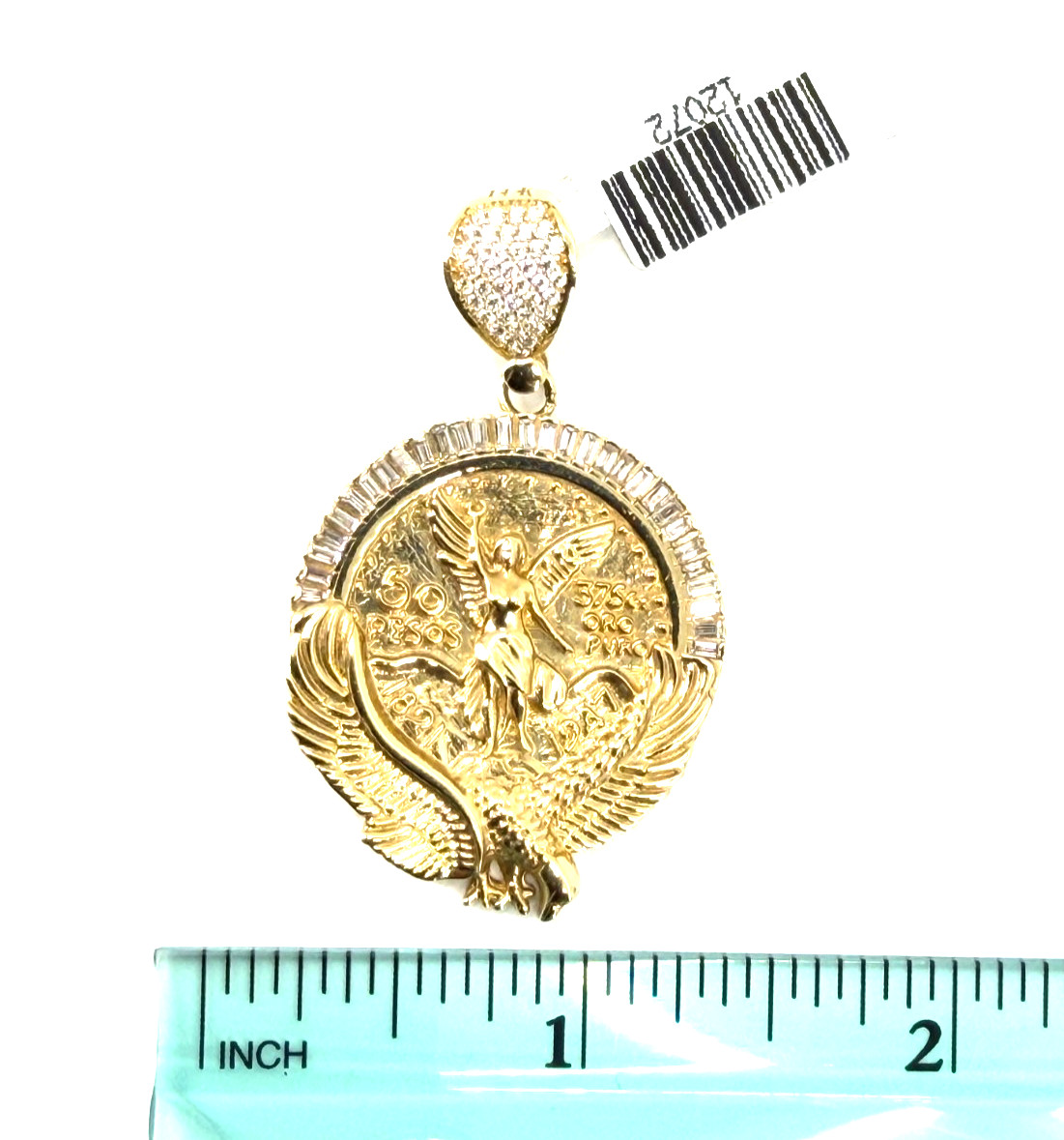 14K Solid Gold Centenario 50 Pesos Pendant Mexican Angel Eagle CZ Baguette Frame