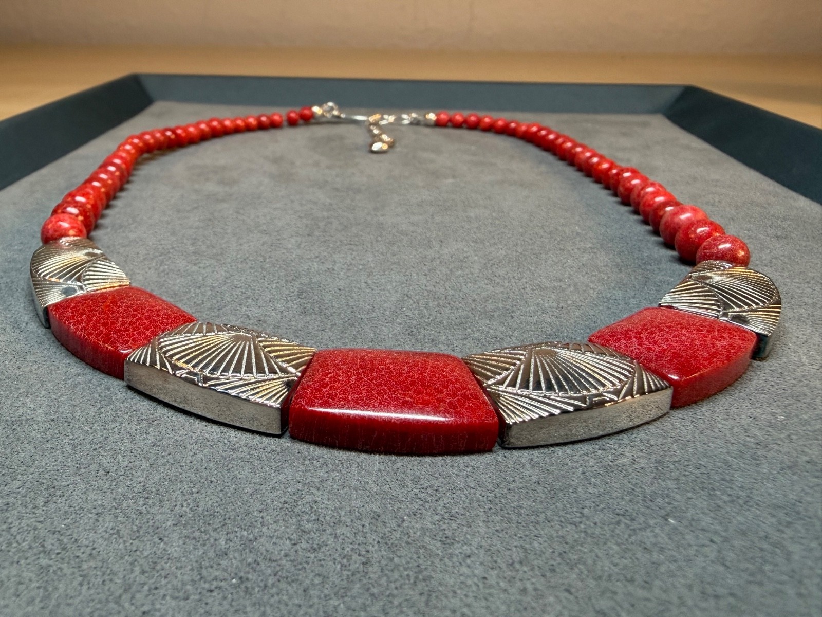 JAY KING Colors of Coral Hand Carved Sterling Silver Necklace Red Coral 18-21 in