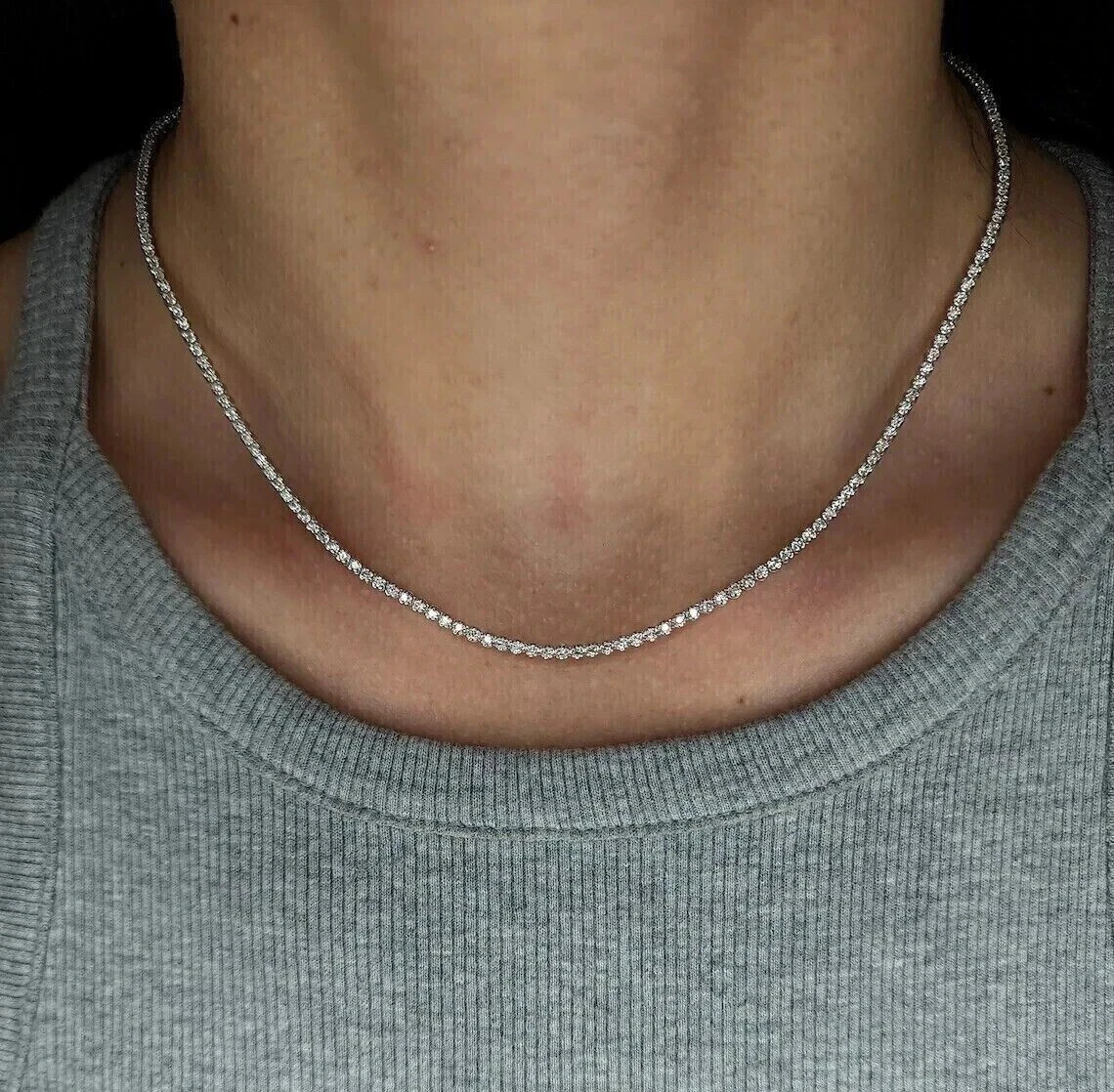 8Ct Round Cut Lab Created Diamond 3MM Tennis Necklace 14K White Gold Plated 16”