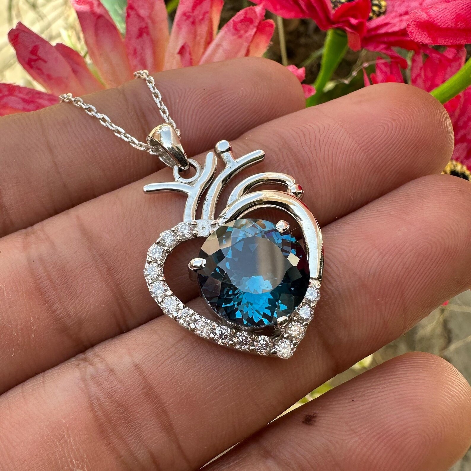 Certified Indicolite Tourmaline 28 Ct Heart Pendant Necklace 925 Sterling Silver