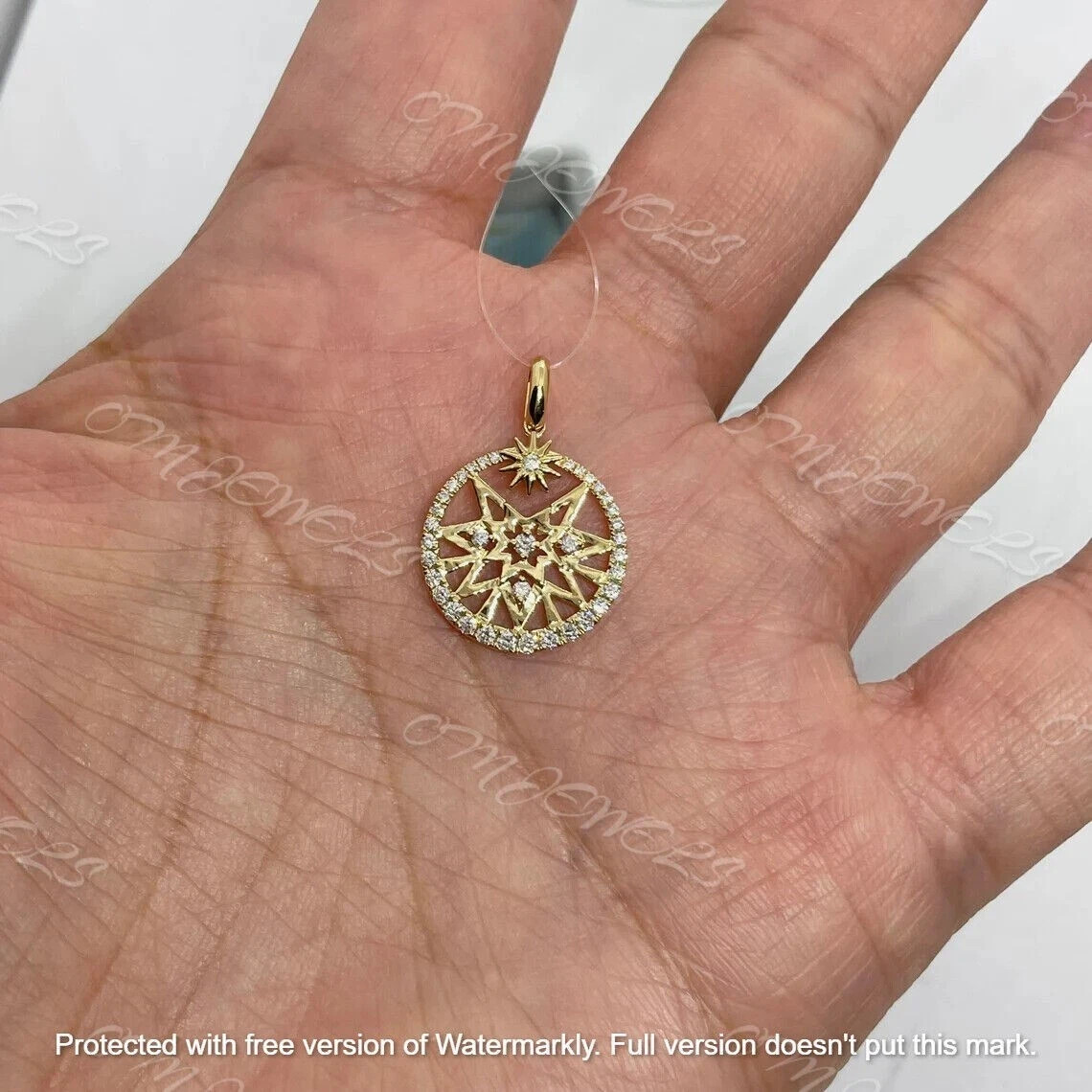 0.20Ct Lab Created Diamond Round Starburst Pendant 14K Yellow Gold Silver Plated