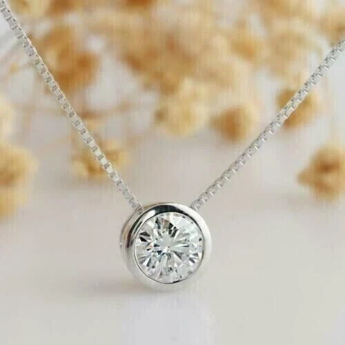1Ct Round Cut Lab-Created Solitaire Diamond Bezel Pendant 14k White Gold Plated