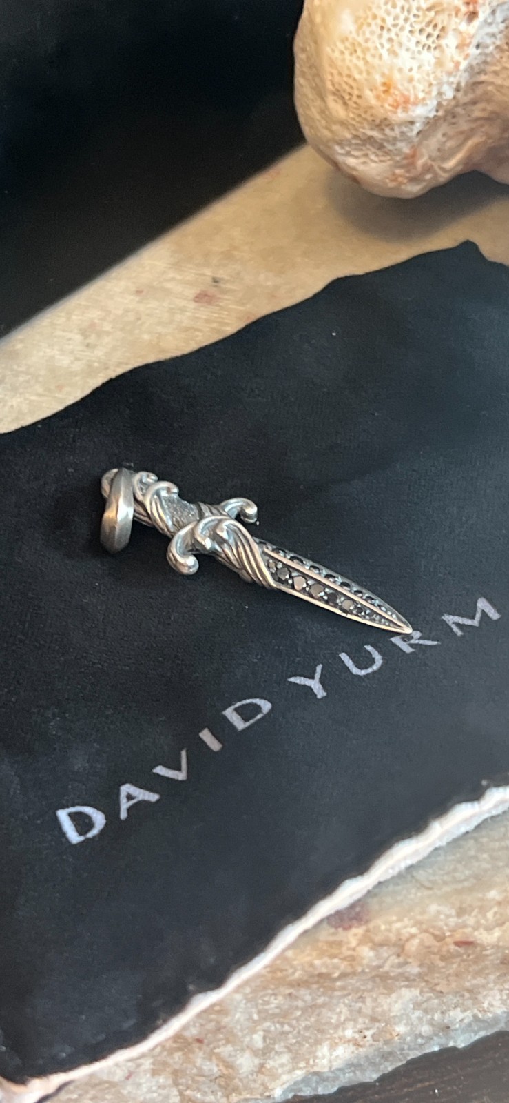 David Yurman Sterling Silver 925 Waves Dagger Amulet Pendant 2ct Black Diamonds