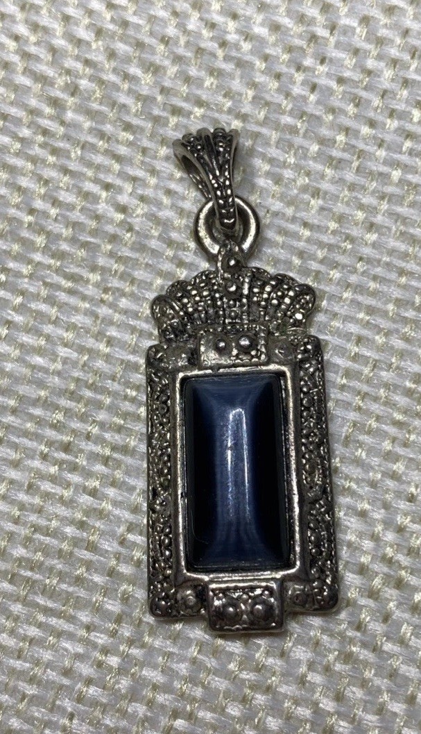 Sapphire Pendant Silver Colored Vtg. Style 1 5/8 In. It Has A Crown Topper