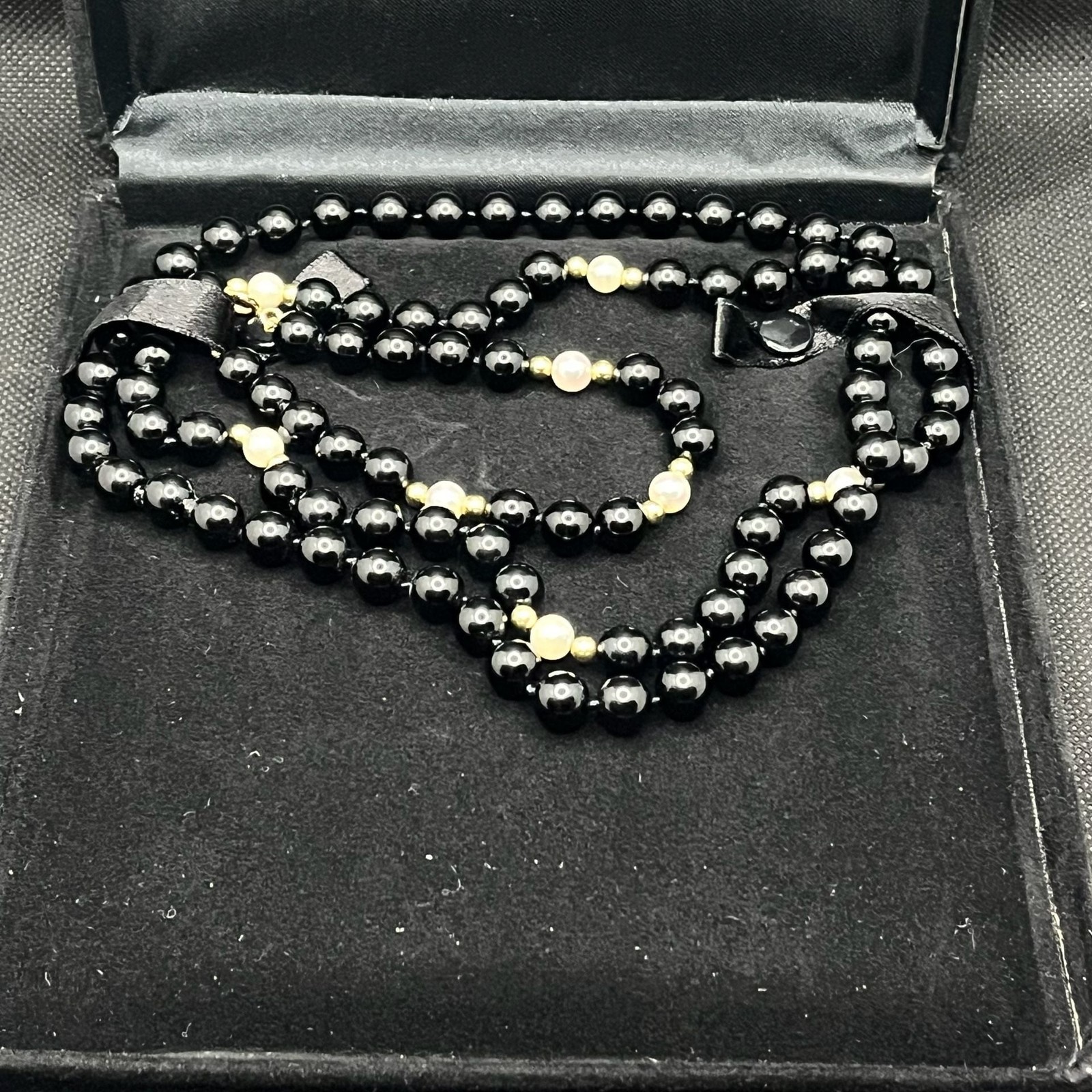 Vtg Imperial Pearl Syndicate 14K Gold Onyx Pearl 30″ Continuous Necklace Set
