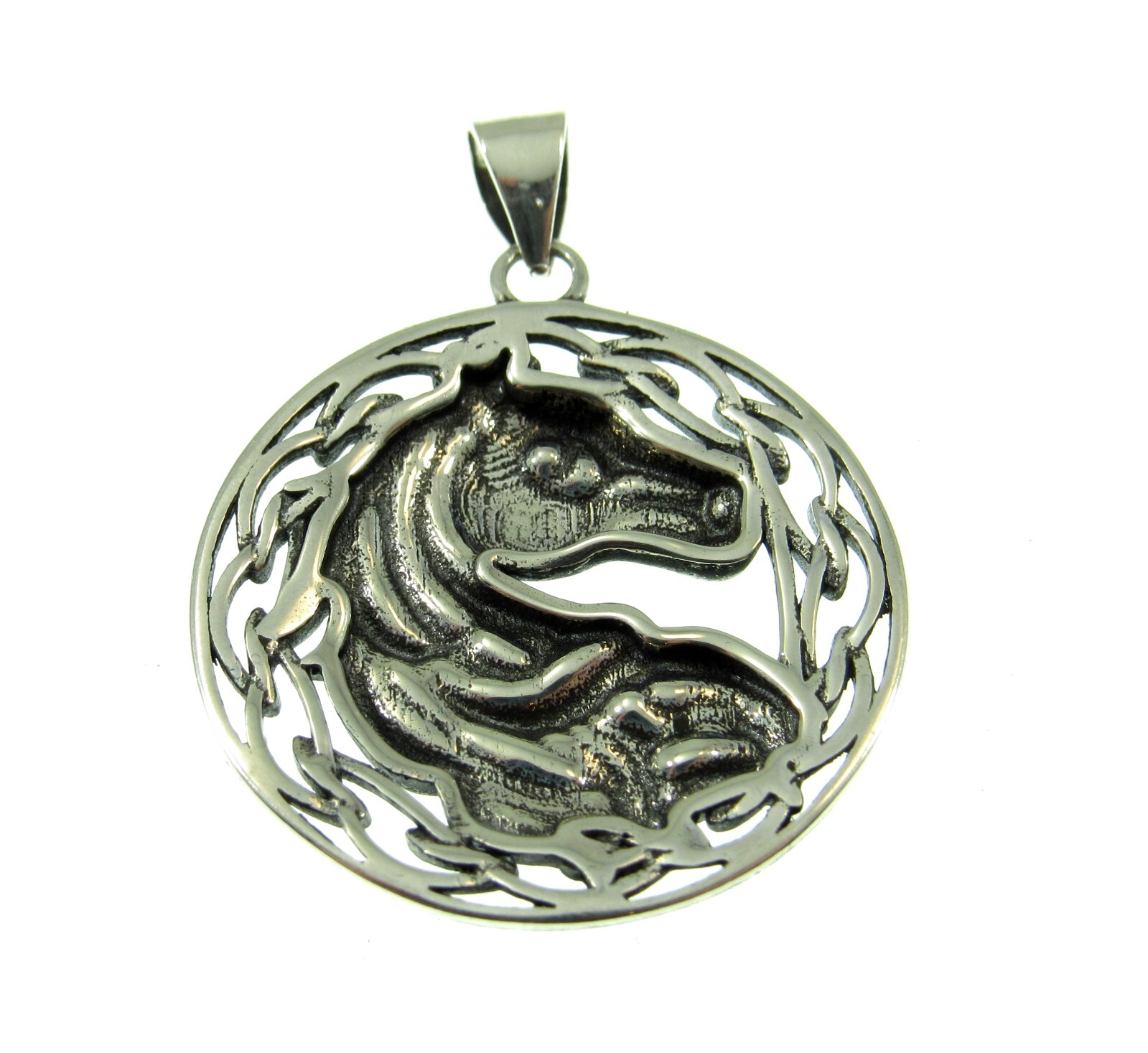 Handcrafted Solid 925 Sterling Silver Round Celtic Knot Horse Head/Bust Pendant