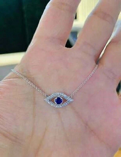 1Ct Round Sapphire Diamond Evil Eye Pendant 14K White Gold Finish Free Chain