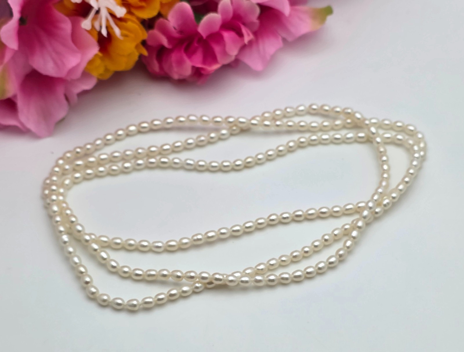 38” 4mm Freshwater Pearl Necklace Rice Oval Continuous Strand No Clasp Layered