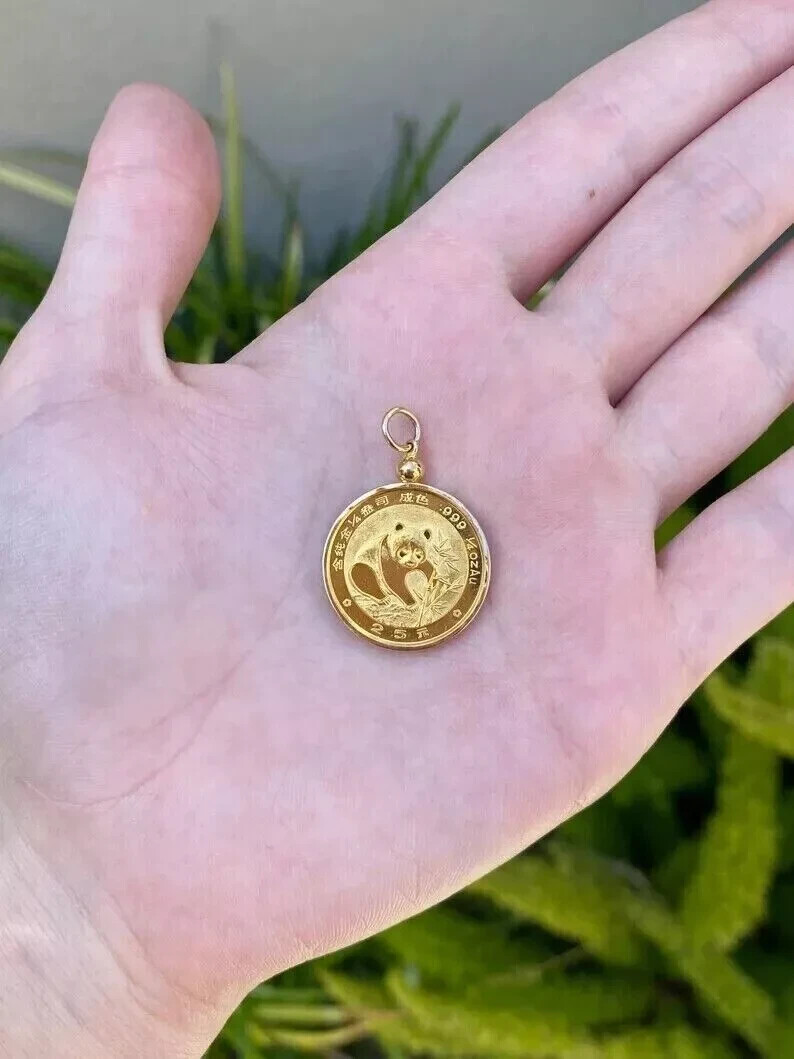 Coin Chines Panda Bear Charm Pendant 925 Silver 14k Yellow Gold Plated 18″ chain
