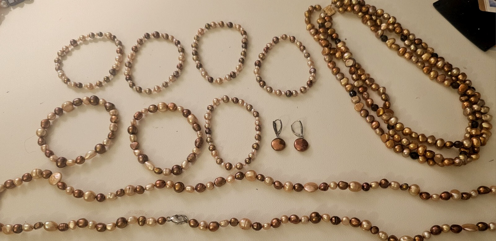 Honora Lot Brown Multi-7 stretch bracelets, earrings, 2 necklaces w/ .925 clasps