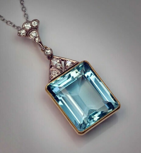 4Ct Emerald Cut Aquamarine Solitaire Pendant 14K Yellow Gold Finish Free Chain