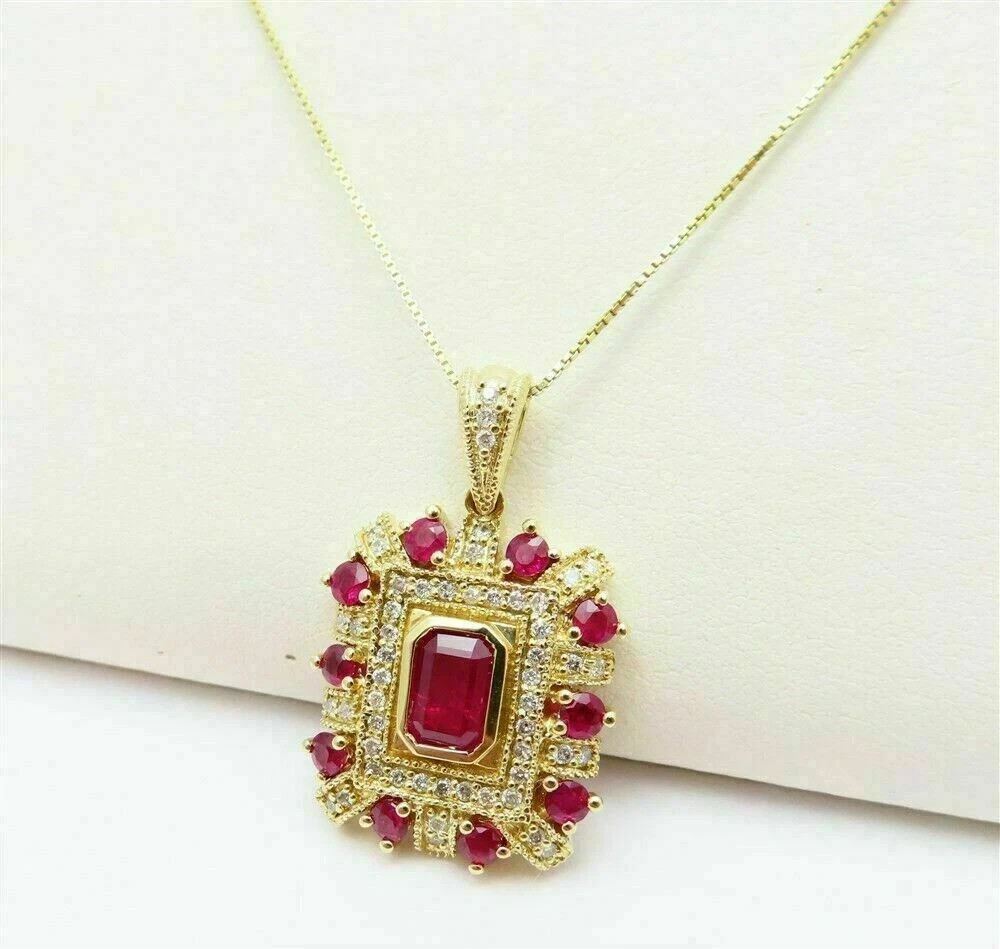 2.60 Ct Emerald Cut Red Ruby & Diamond Women’s Pendant In 14K Yellow Gold Finis