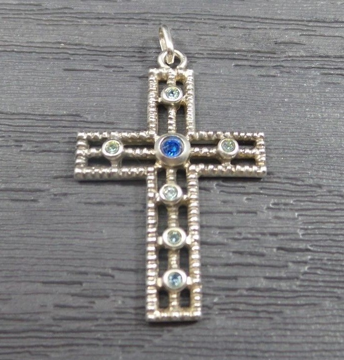 Vintage Sterling Silver Larger Green Blue Stone Religious Cross Rope Pendant