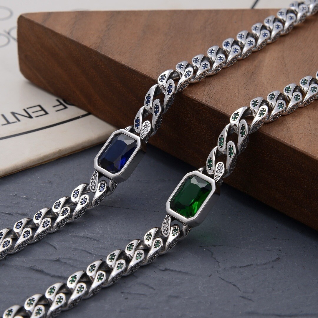 7MM 925 Sterling Silver Men Cuban Cureb Chain Necklace Green Blue Zircon 16-24″