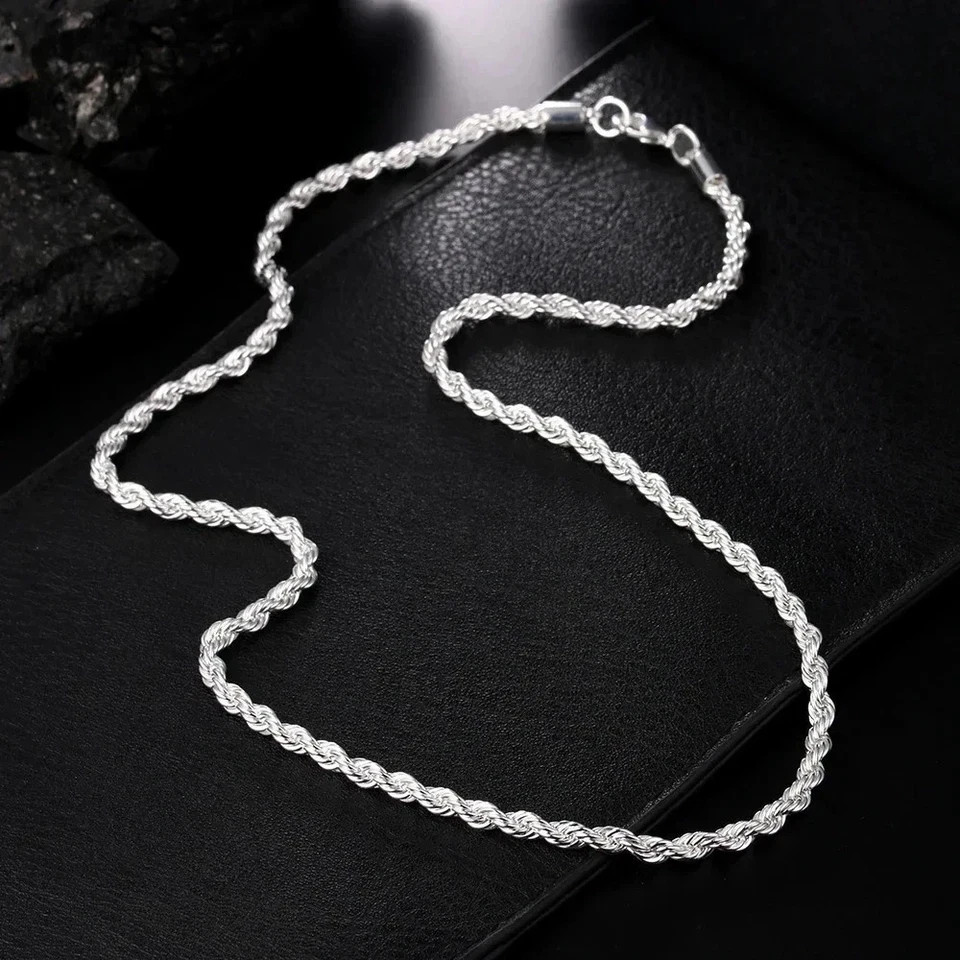 4mm Diamond Cut Solid 925 Sterling Silver Italian Rope Chain Men’s Necklace
