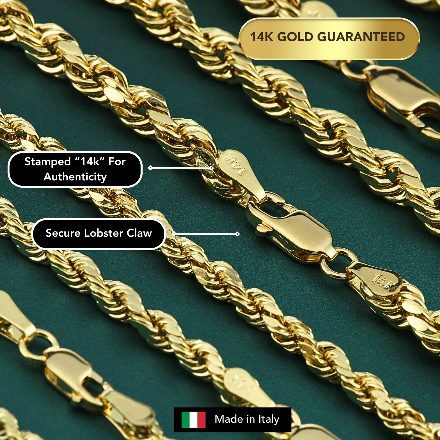 14K Real Solid Yellow Gold 2mm-6mm Rope Chain Italian Pendant Necklace 16″-26″