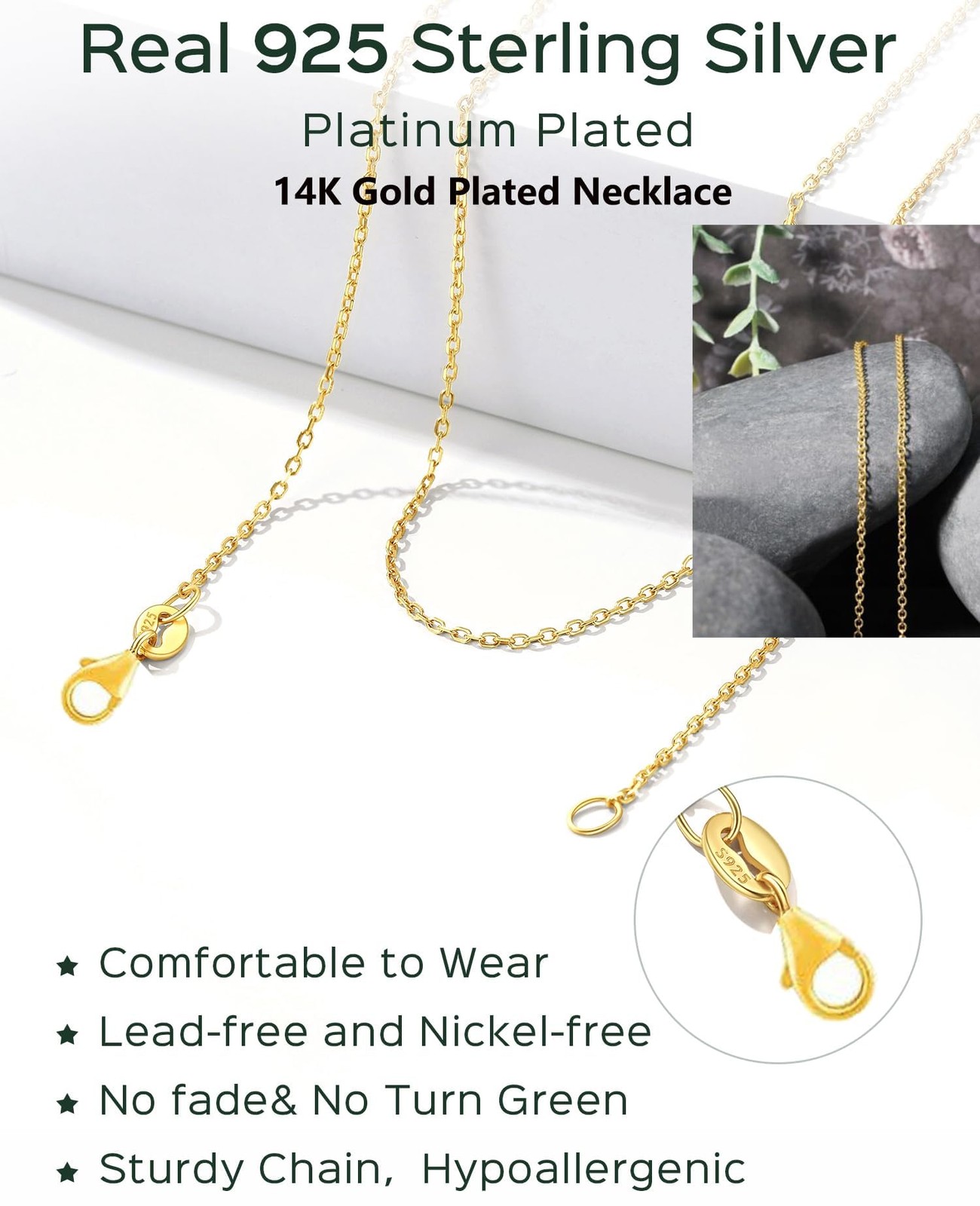 14k Gold Over 925 Sterling Silver Chain Necklace for Women , Layering Necklac…