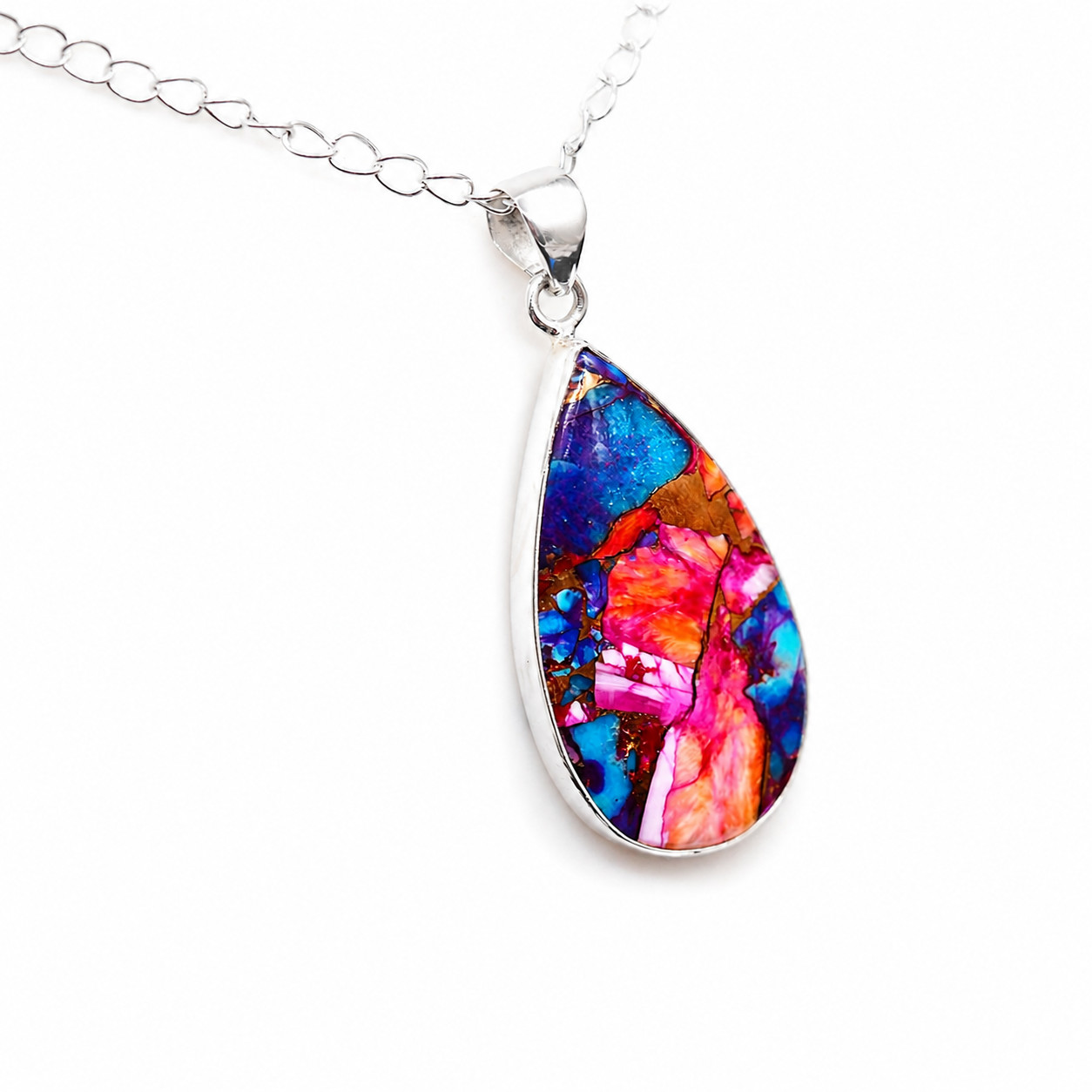 Kingman Oyster Turquoise Teardrop Pendant Necklace 925 Sterling Silver