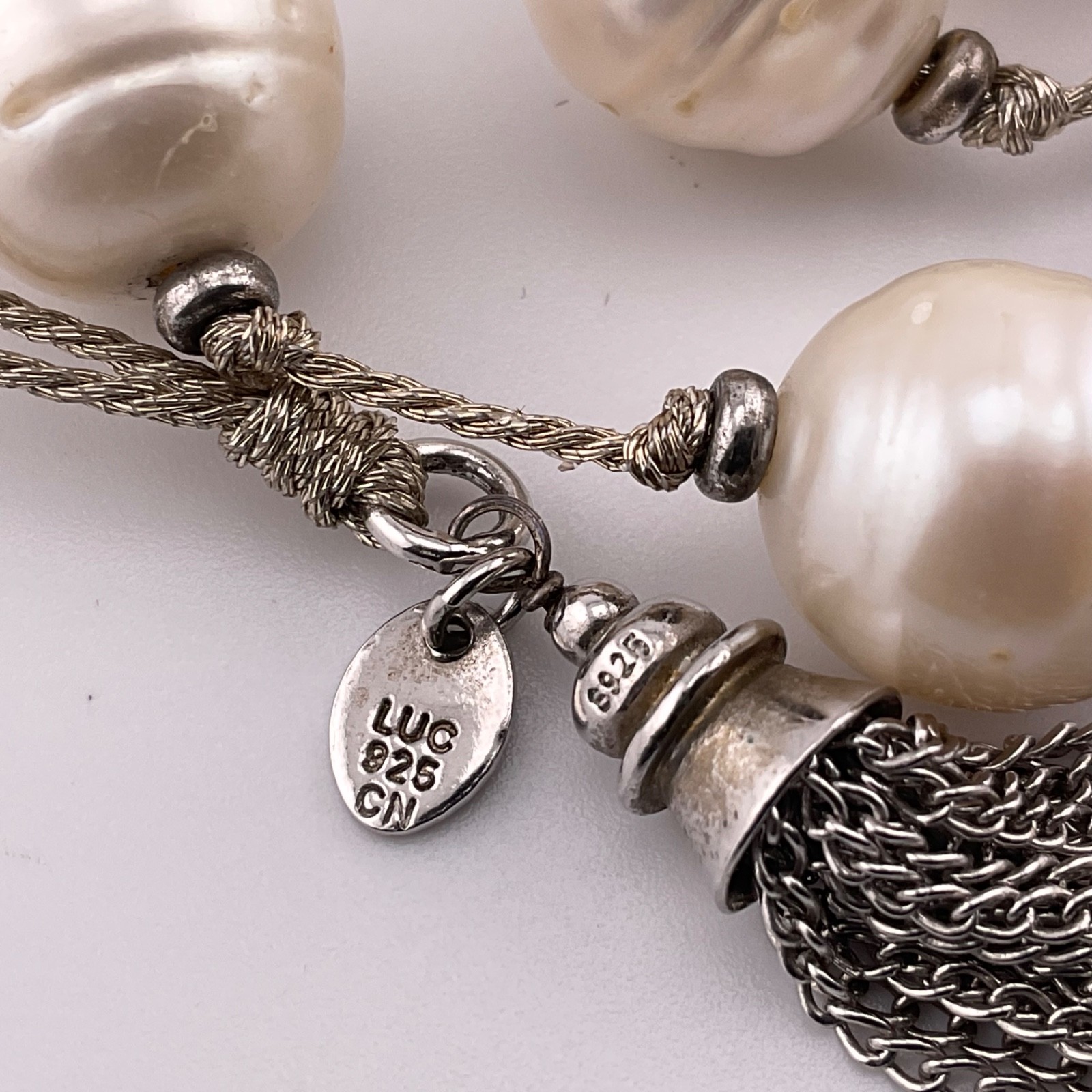 LUC Lucas Lameth Genuine Baroque Pearl Lariat Necklace Sterling Silver Tassel