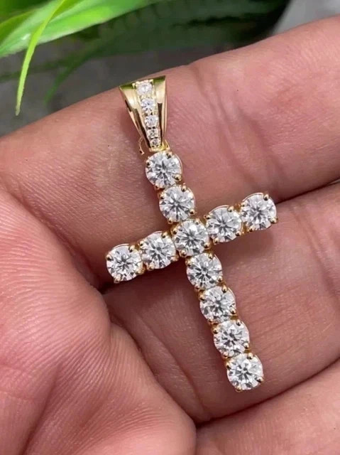 2CT Round-Cut Moissanite Cross Pendant 14K Yellow Gold Plated 18″ Chain