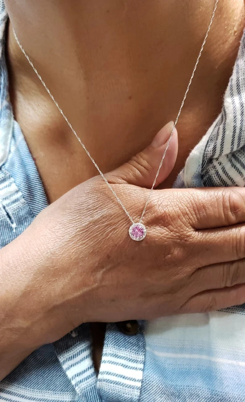 1Ct Round Cut Natural Pink Sapphire Pendant Necklace 14K White Gold Plated 925