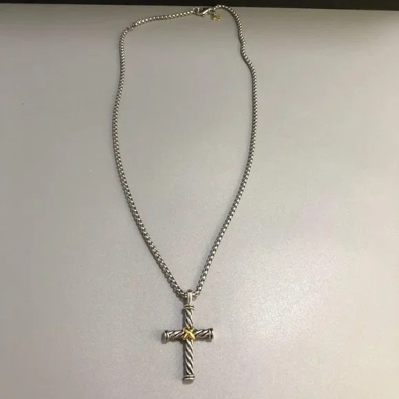 David Yurman Sterling Silver + 14k Gold Cross Pendant, DY 18-20” Necklace