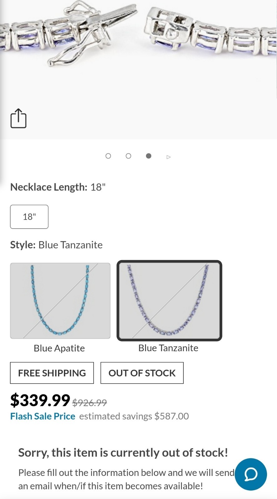JTV Blue Tanzanite Tennis Chain Necklace Sterling silver W/ Original Box 18in