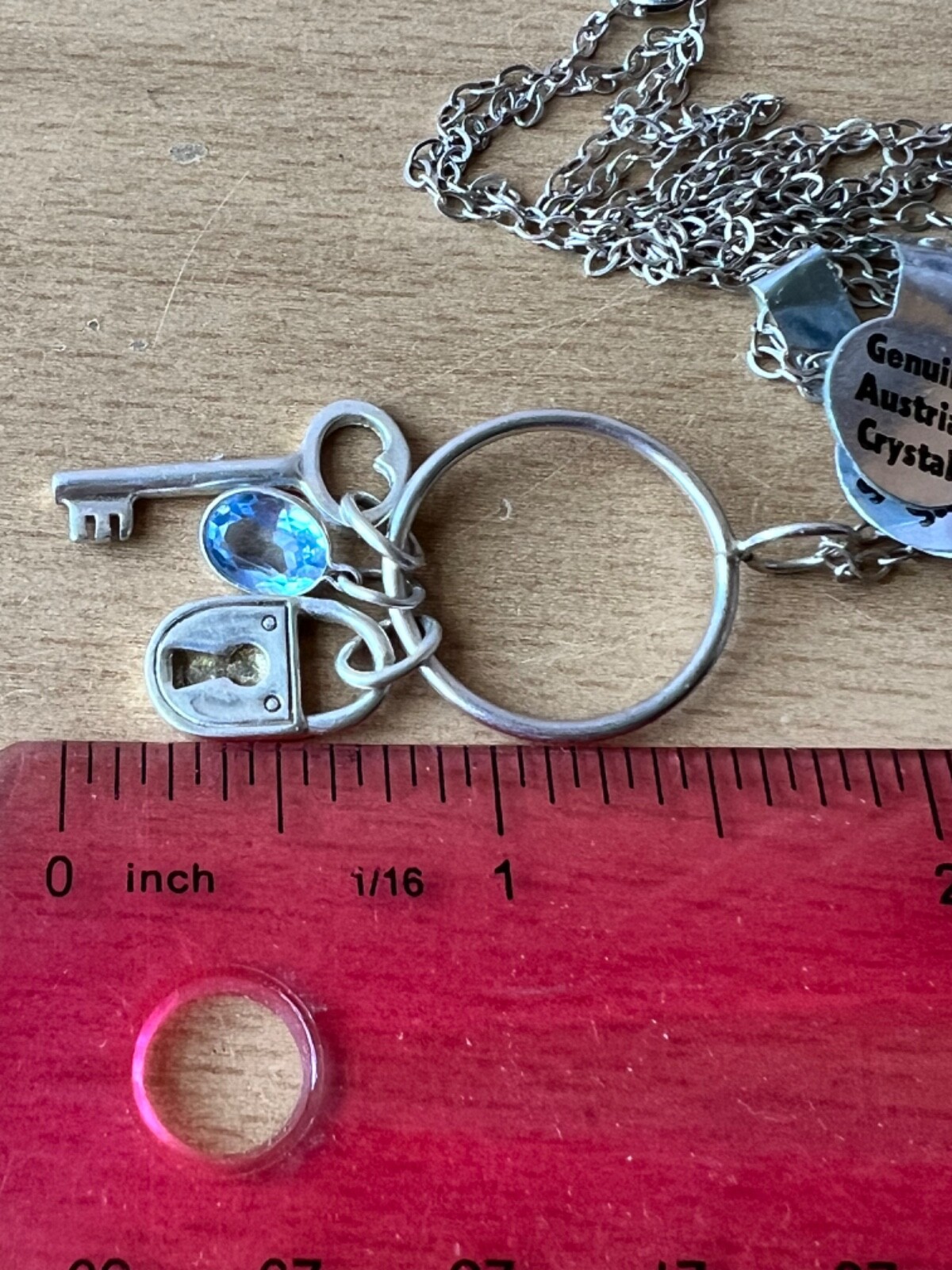 KEY, LOCK, BLUE CRYSTAL LARIAT PENDANT NECKLACE LONG CHAIN 925 STERLING SILVER