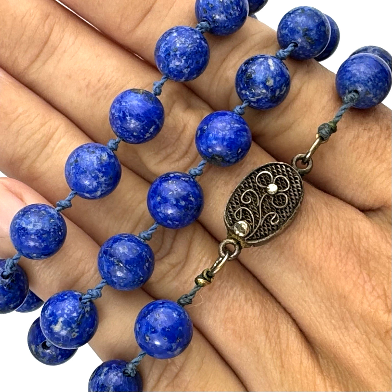 Vintage Lapis Lazuli 49g Hand-Knotted Beaded Sterling Silver 925 Clasp Necklace