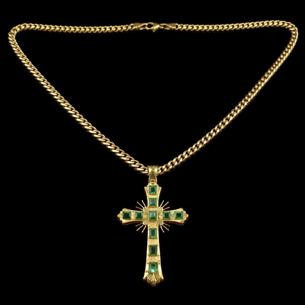 EMERALD CROSS PENDANT – 18K YG – 5 CTW COLUMBIA EMERALD – 21IN CUBAN LINK CHAIN