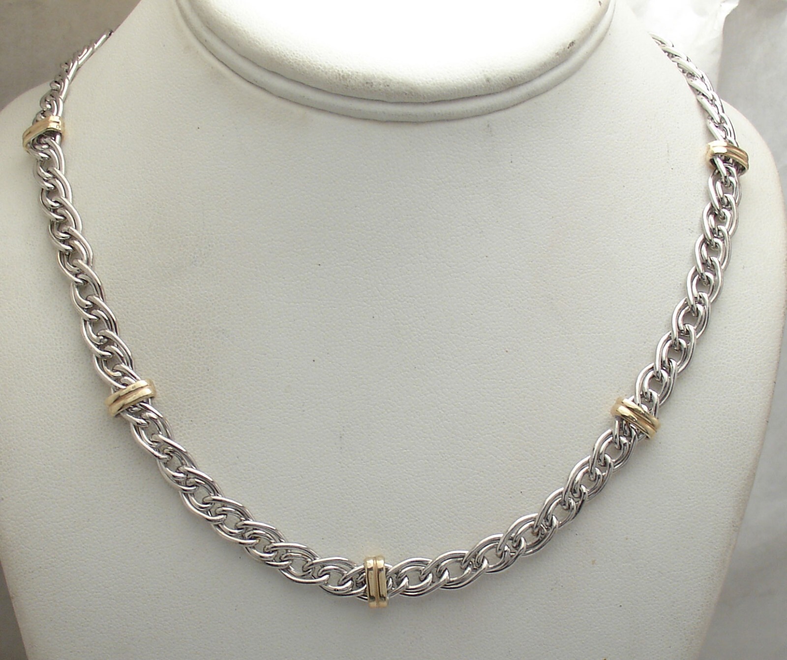 Technibond Bar Station Double Curb Chain Necklace 14K TwoTone Gold Plated Silver