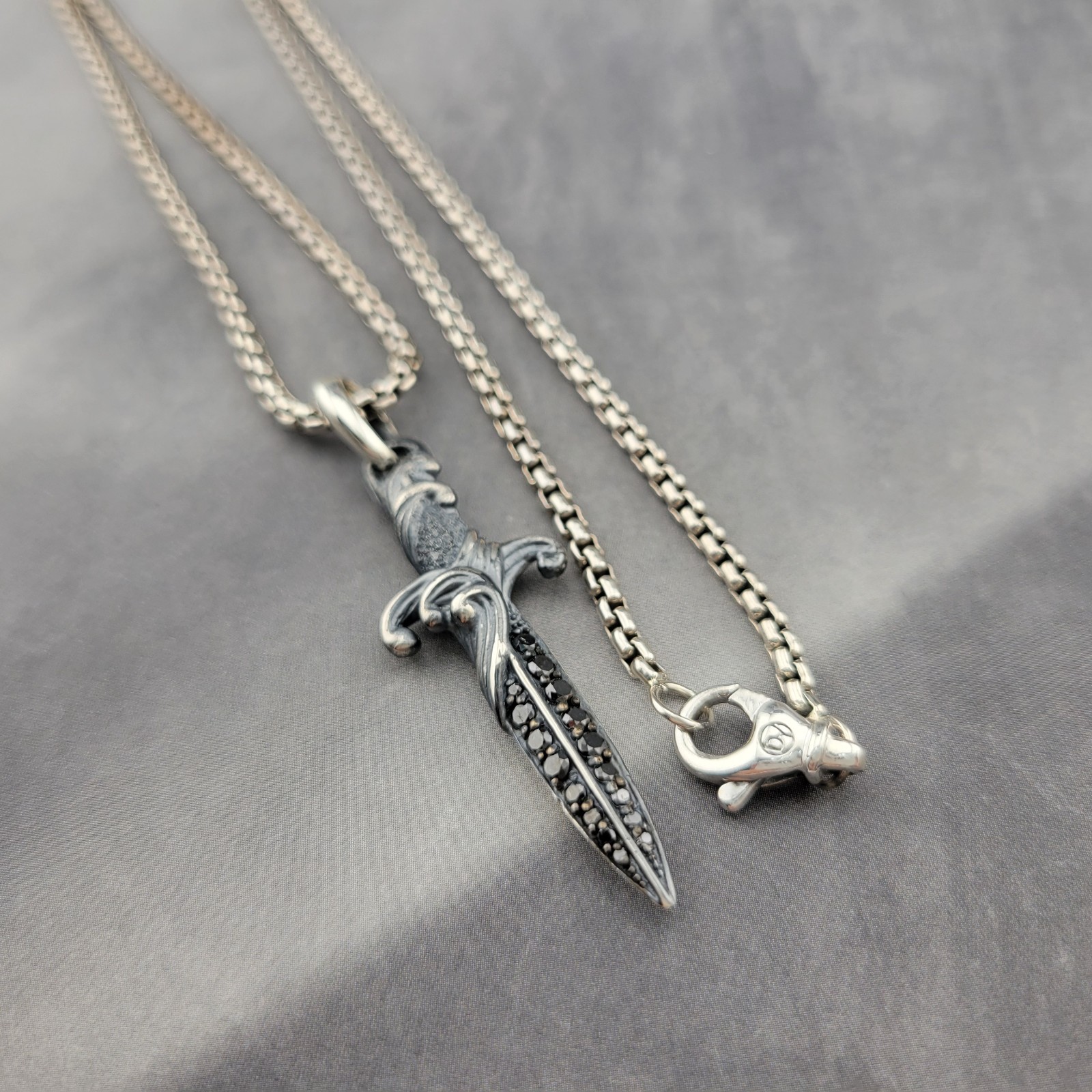 David Yurman Sterling Silver & Black Diamond Wave Dagger Pendant w/ 20 in Chain