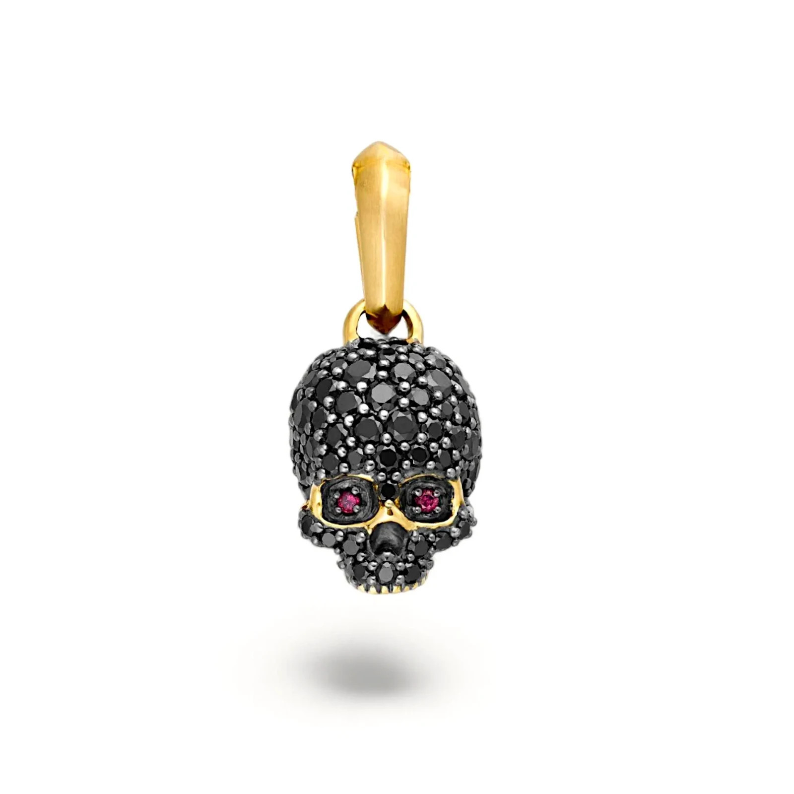 David Yurman Memento Mori Skull Pendant 18K Yellow Gold Black Diamond Pave, Ruby