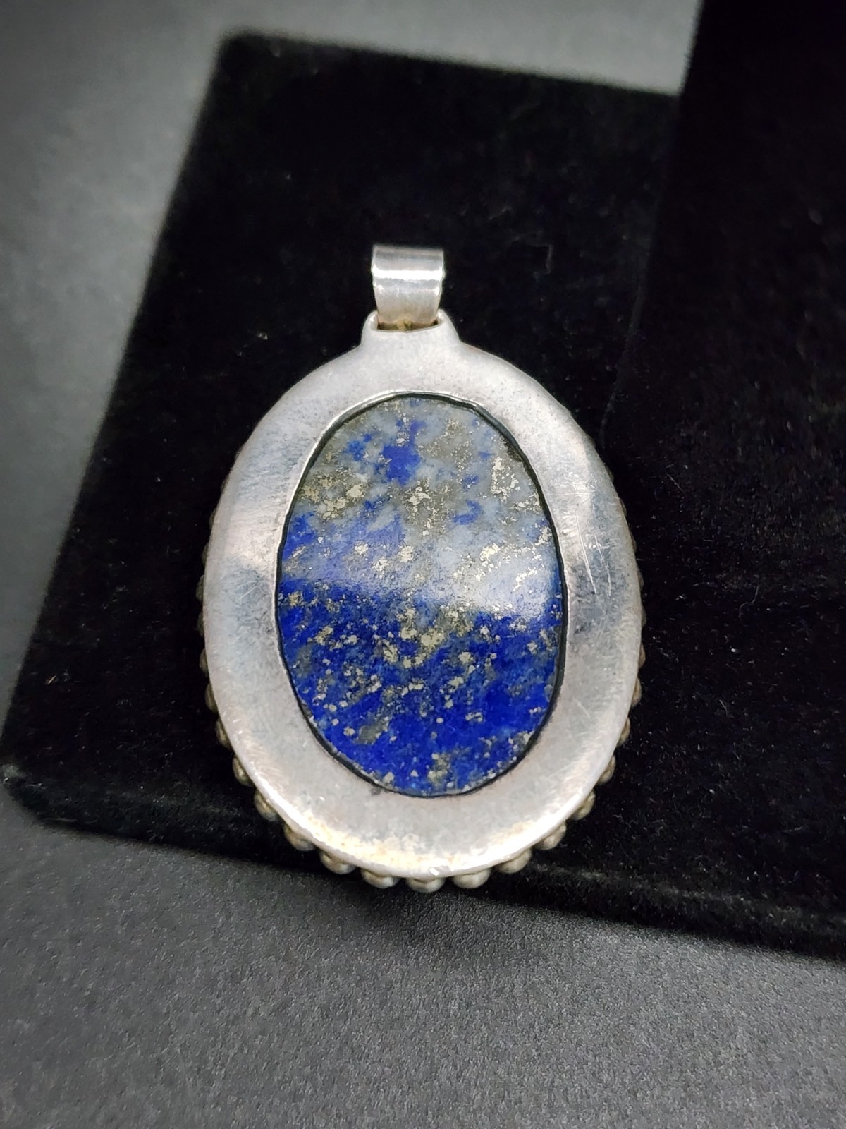 Sterling Silver 925 Dark Blue Lapis Lazuli With Gold Pyrite Oval Pendant 24 Gram