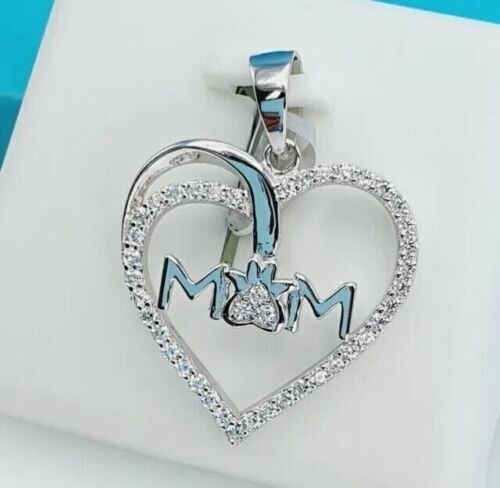 1.40Ct Round Cut Real Moissanite Heart Mom Pendant 14K White Gold Plated Silver