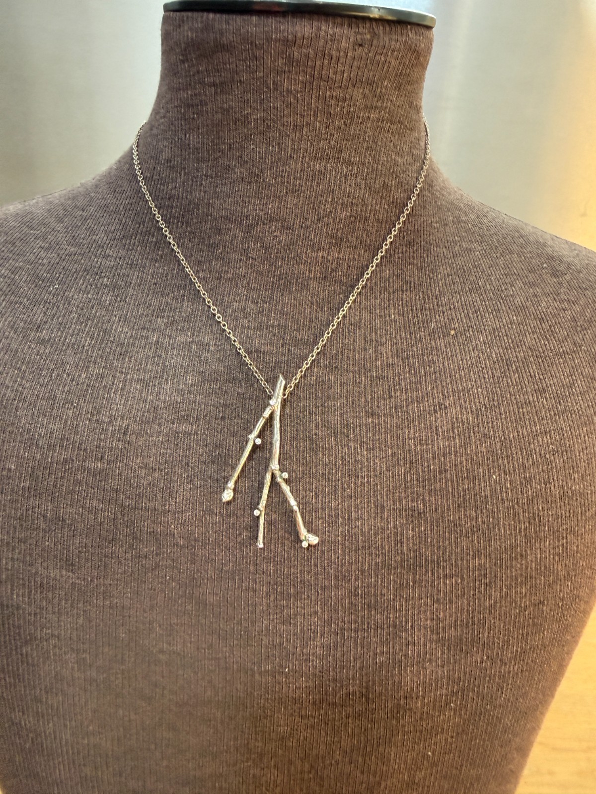 Vintage Sterling Silver 80s Pendant Twigs Branches + Gemstones 55mm + Chain 40cm