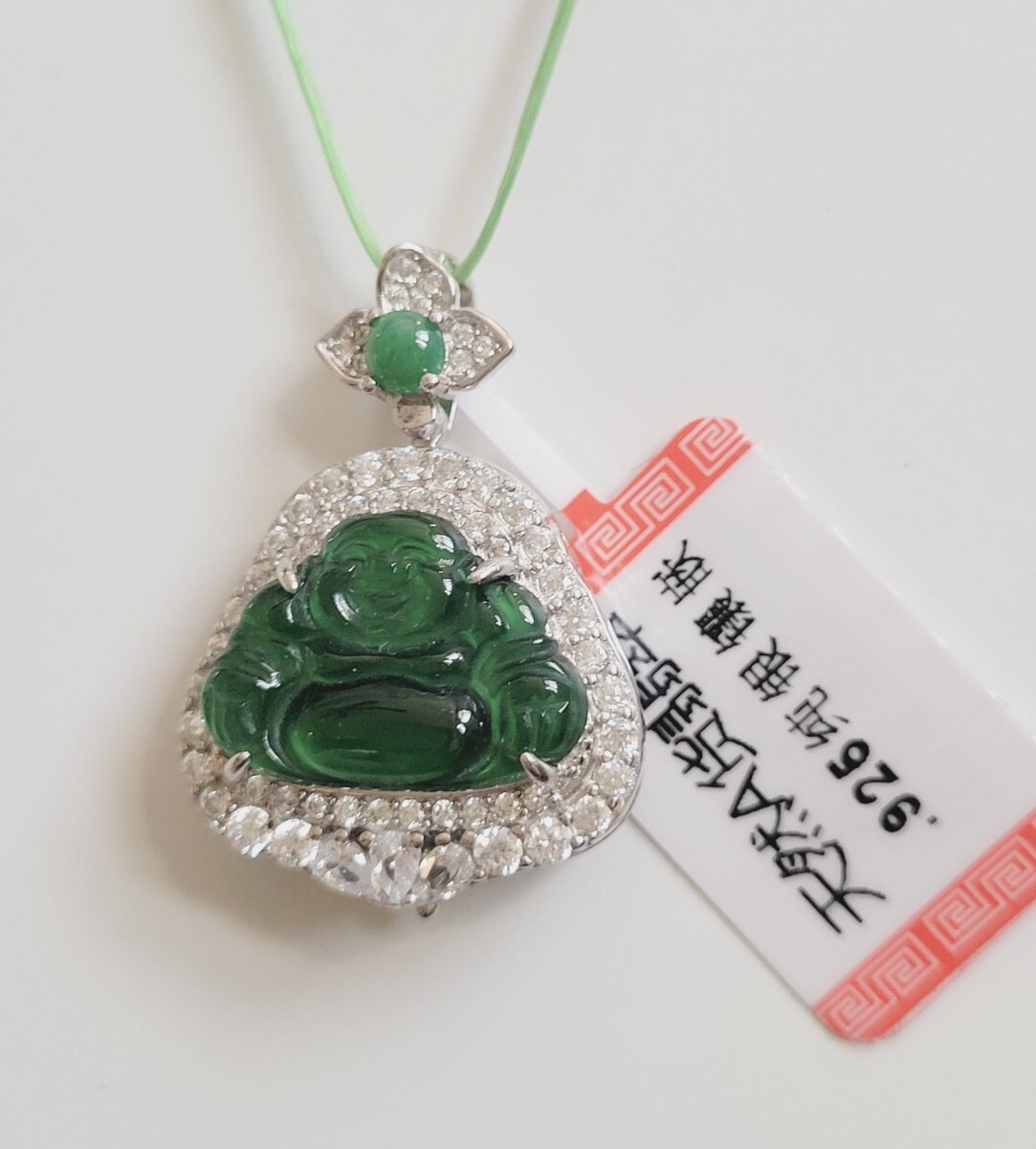 Certified Green Jade Buddha silver pendant inlaid Icy light green Buddha 满绿翡翠开心佛