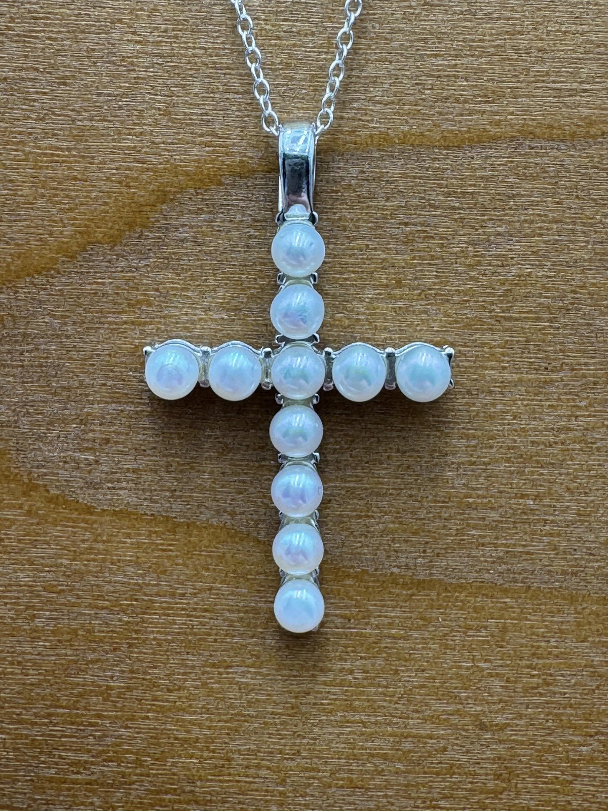 FAB Sterling Silver 925 Pearl Cross Pendant Necklace 21in Womens Religious
