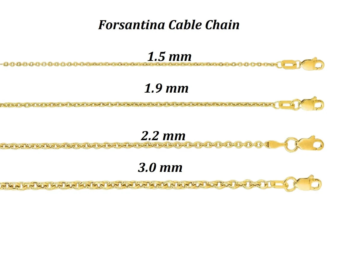 14K Yellow Gold Forsantina Cable Chain Necklace, 16″ To 24″ Inch -1.5 mm to 3 mm