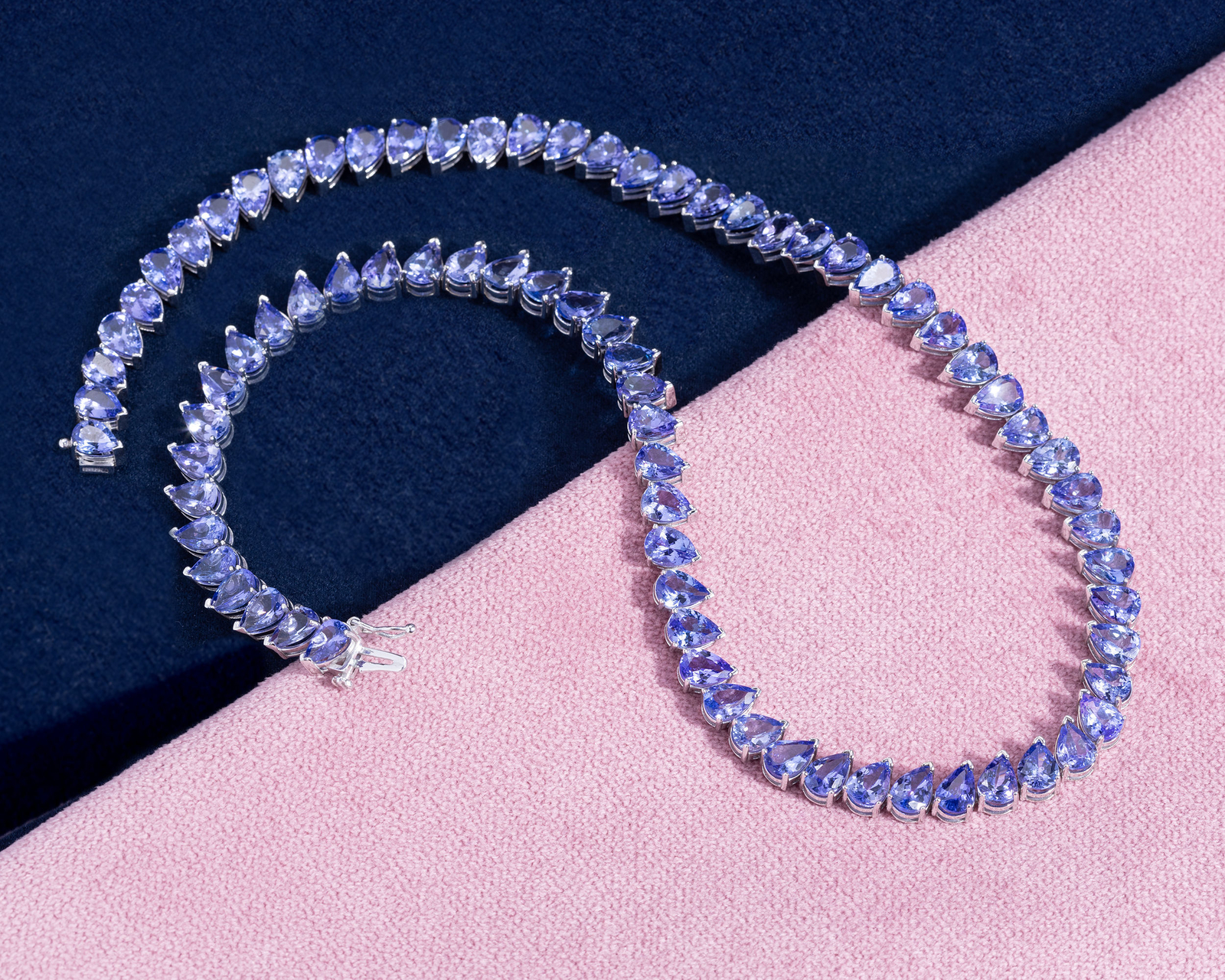67.55 Ct Violetish Blue Tanzanite Pear Necklace, Mixed Eye Clean, 14k White Gold