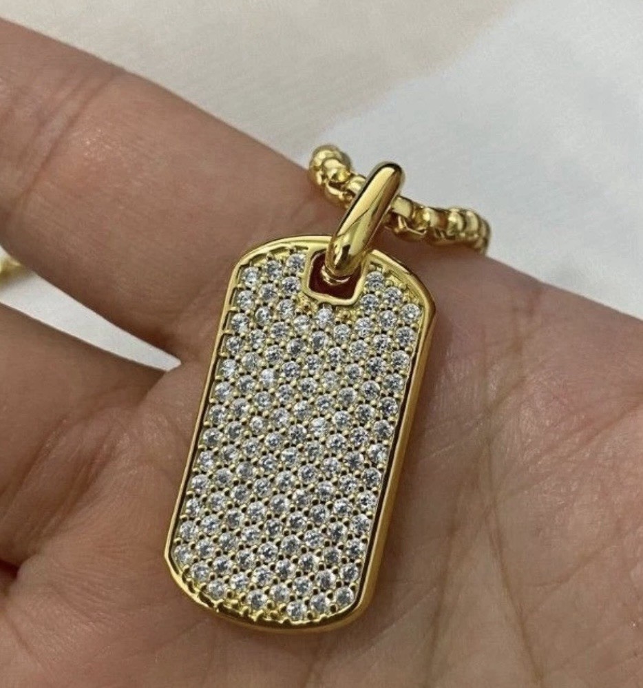 David Yurman 18k Yellow Gold Pave Diamond Dog Tag Pendant Necklace 22in. 35mm.