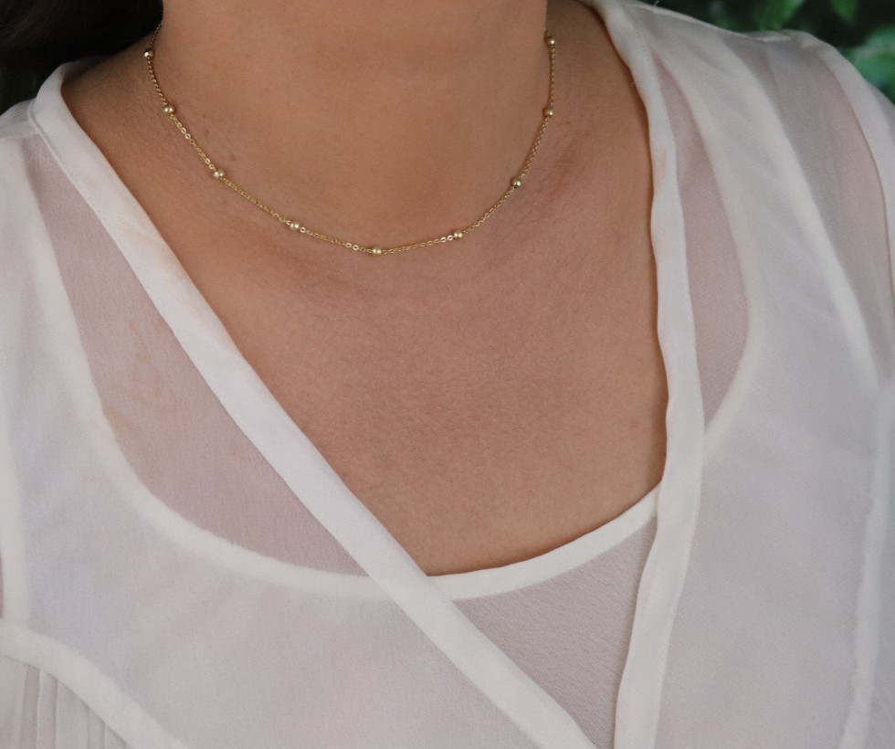 18k Gold Over Sterling Silver Beaded Station Necklace Choker 12.5″ to 14.25″ in