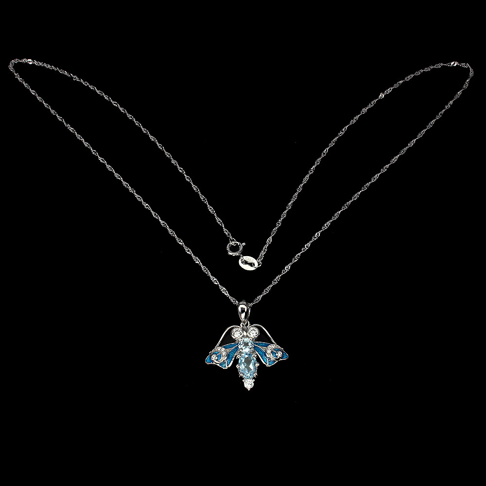 925 Sterling Silver Oval Blue Topaz 7x5mm Simulated Cz Bee Necklace
