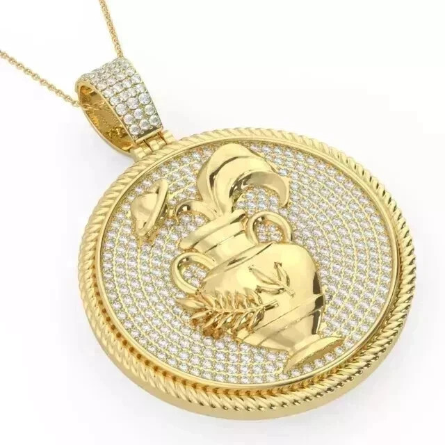 3.10Ct Round Real Moissanite Custom Circle Pot Pendant 14K Yellow Gold Plated