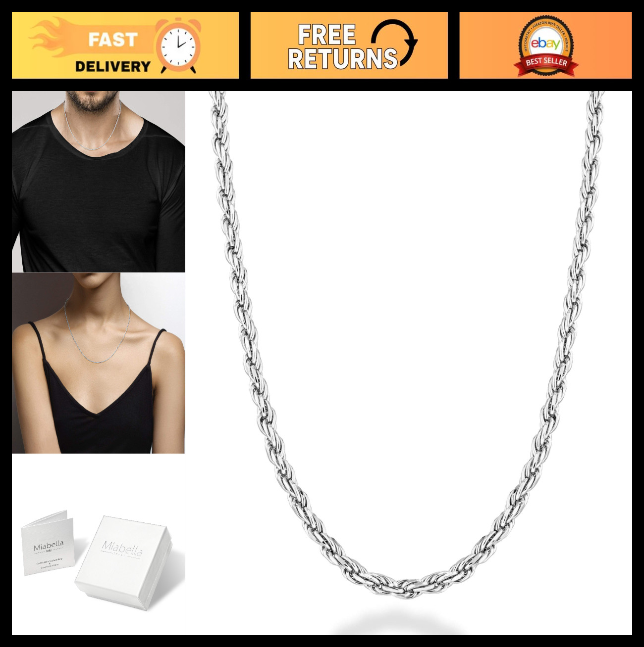 Sterling Silver 2mm 3mm Diamond-Cut Braided Rope Chain Necklace for Men & Women