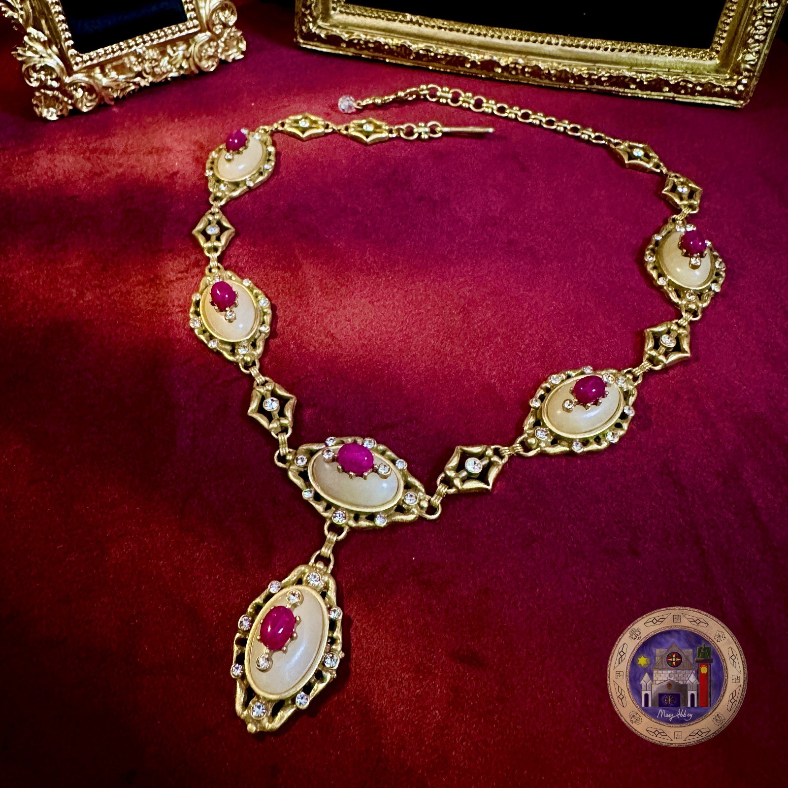 Victorian Style Oval Natural Stone Necklace Ivory Red Vintage Inspired Pendant