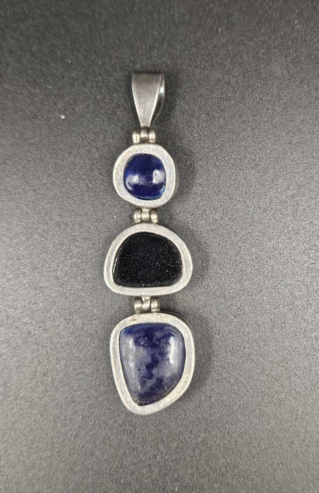 925 Sterling Silver Dichroic Art Glass Triple Drop Pendant Green Blue