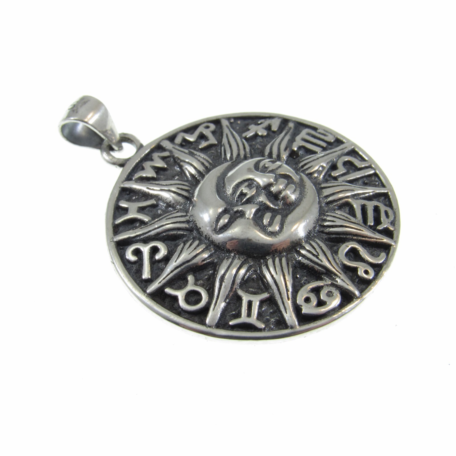 Solid 925 Sterling Silver Zodiac Wheel Moon & Sun Faces w/ Runes Pendant
