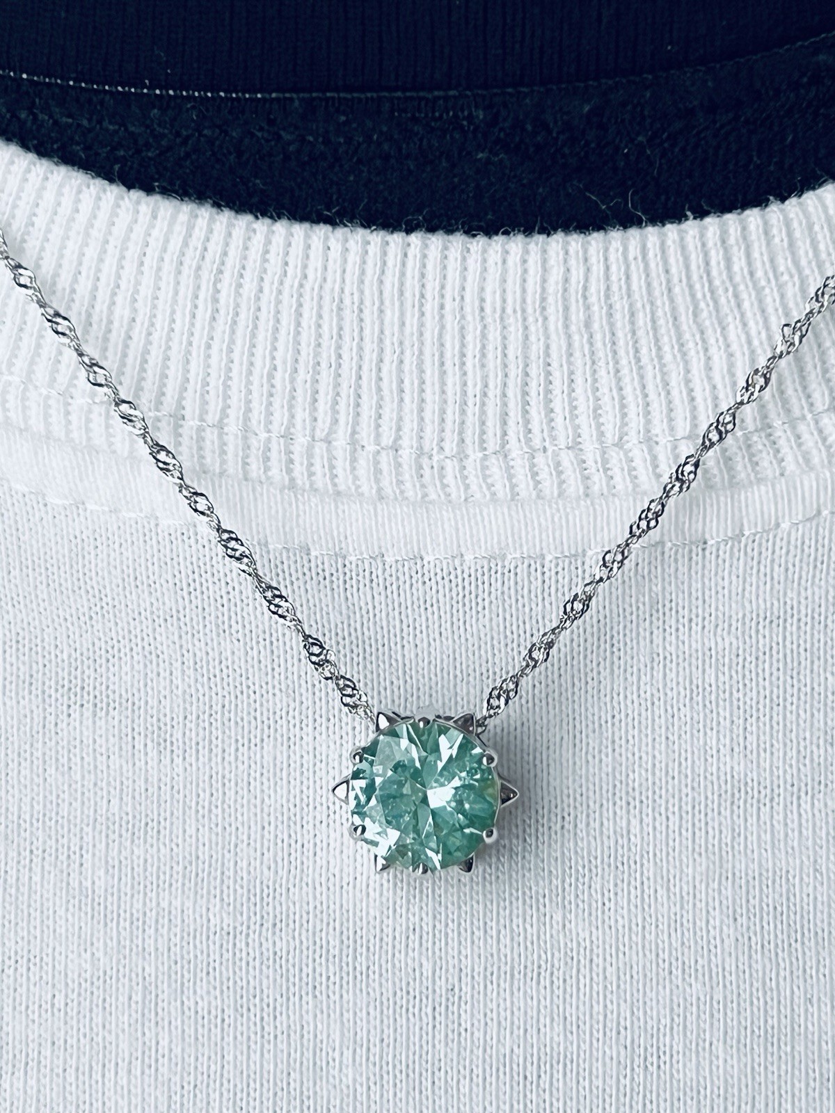 DK Sterling Silver 925 Aqua Synthetic Spinel Pendant Necklace, 20″. Glows in UV