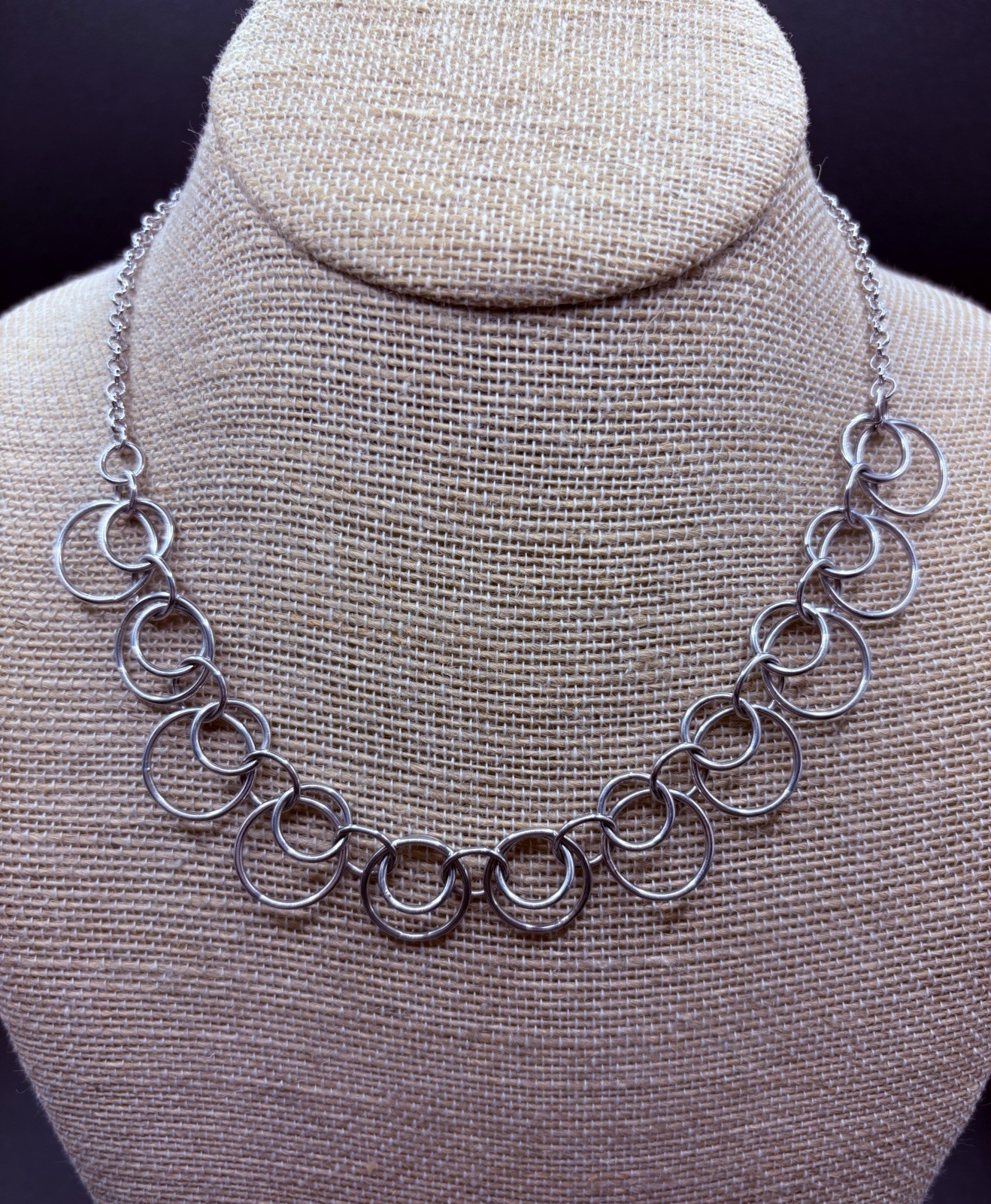 Sterling 925 Circle Link Necklace Bubble Graduated Ring Chain NWT 16-18 in